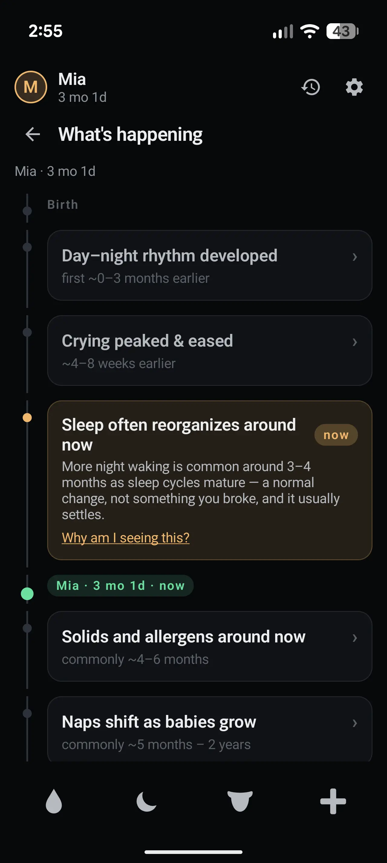 Development timeline titled ‘What's happening’ for a baby at three months: past phases such as day–night rhythm and the crying peak shown as quiet history, a calm ‘Sleep often reorganizes around now’ note marked ‘now’ with a ‘Why am I seeing this?’ source link beside a green now marker, then what's commonly ahead — solids around 4–6 months, naps shifting — described, never predicted.