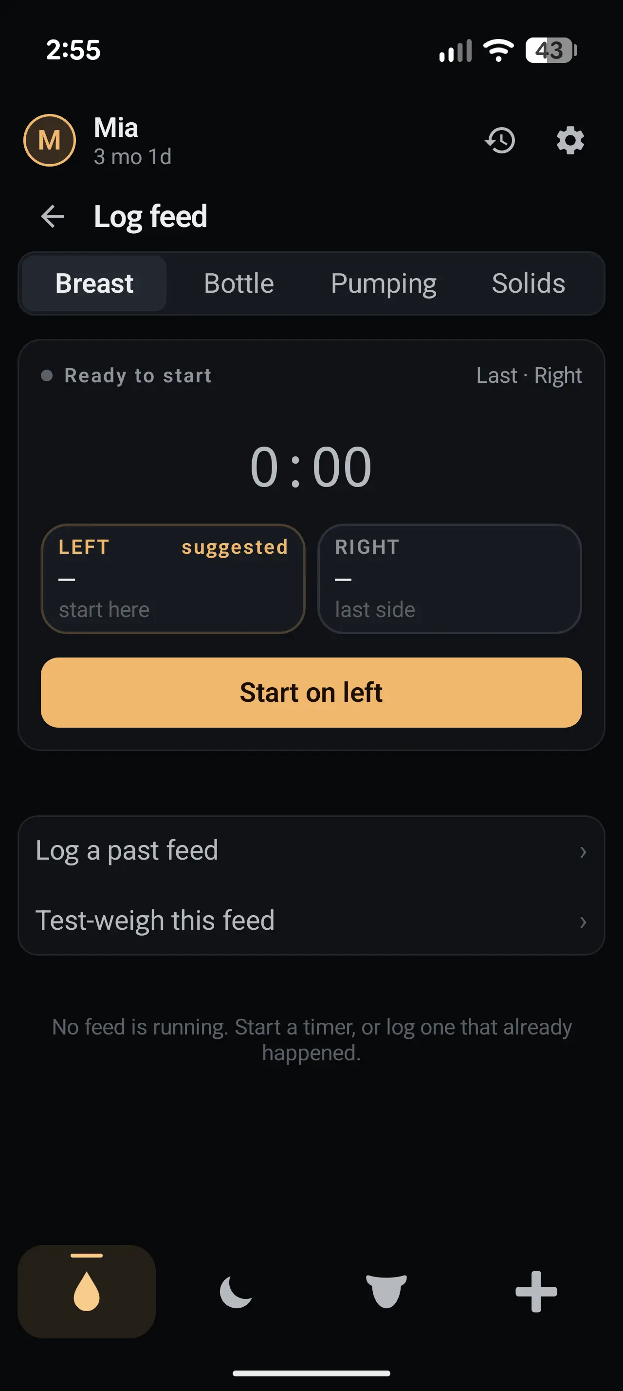 Log feed screen with Breast, Bottle, Pumping and Solids tabs, a ready-to-start nursing timer at 0:00, a Left/Right side selector with the left side suggested (last fed on the right), and a large amber ‘Start on left’ button.