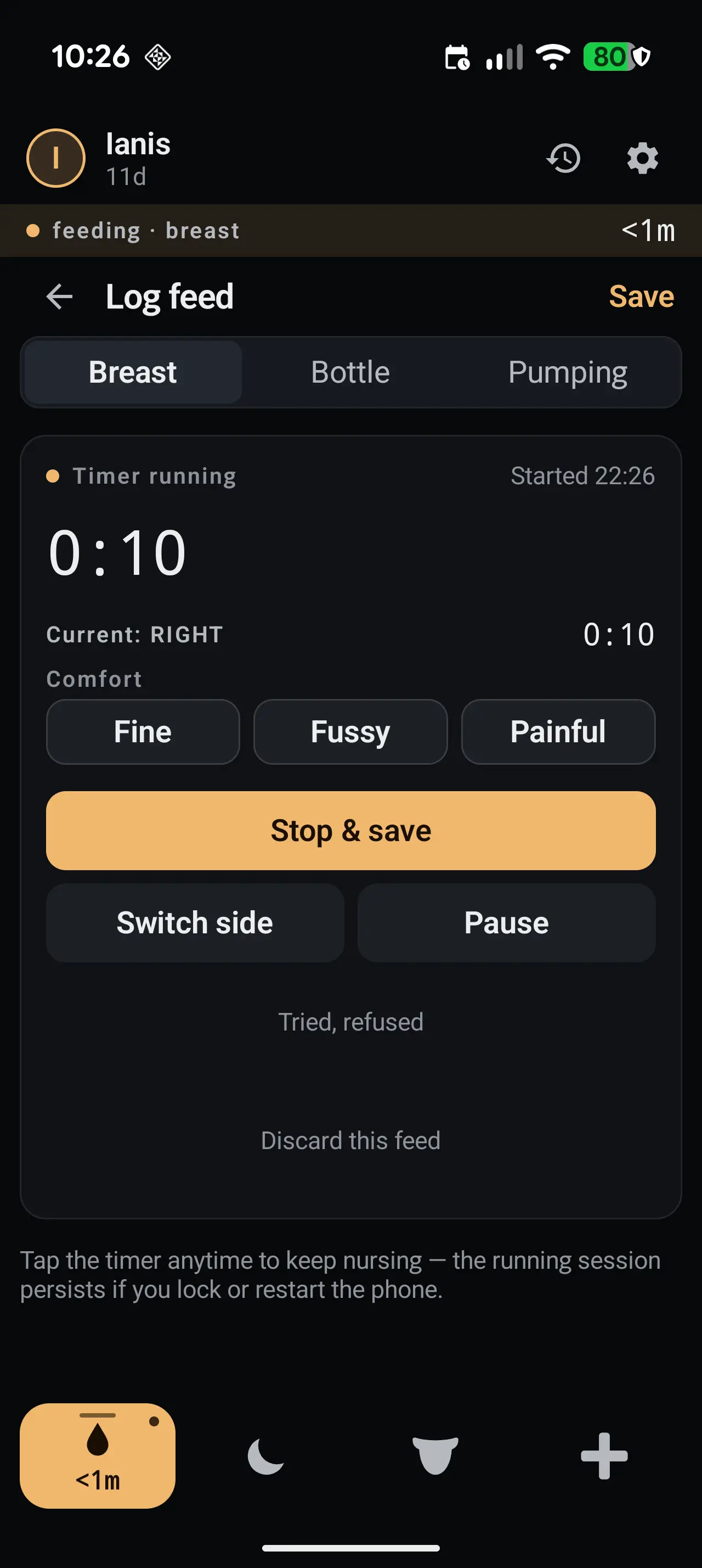 Log feed screen with a running breastfeeding timer at 0:10, current side RIGHT, comfort options, and a large amber ‘Stop & save’ button.