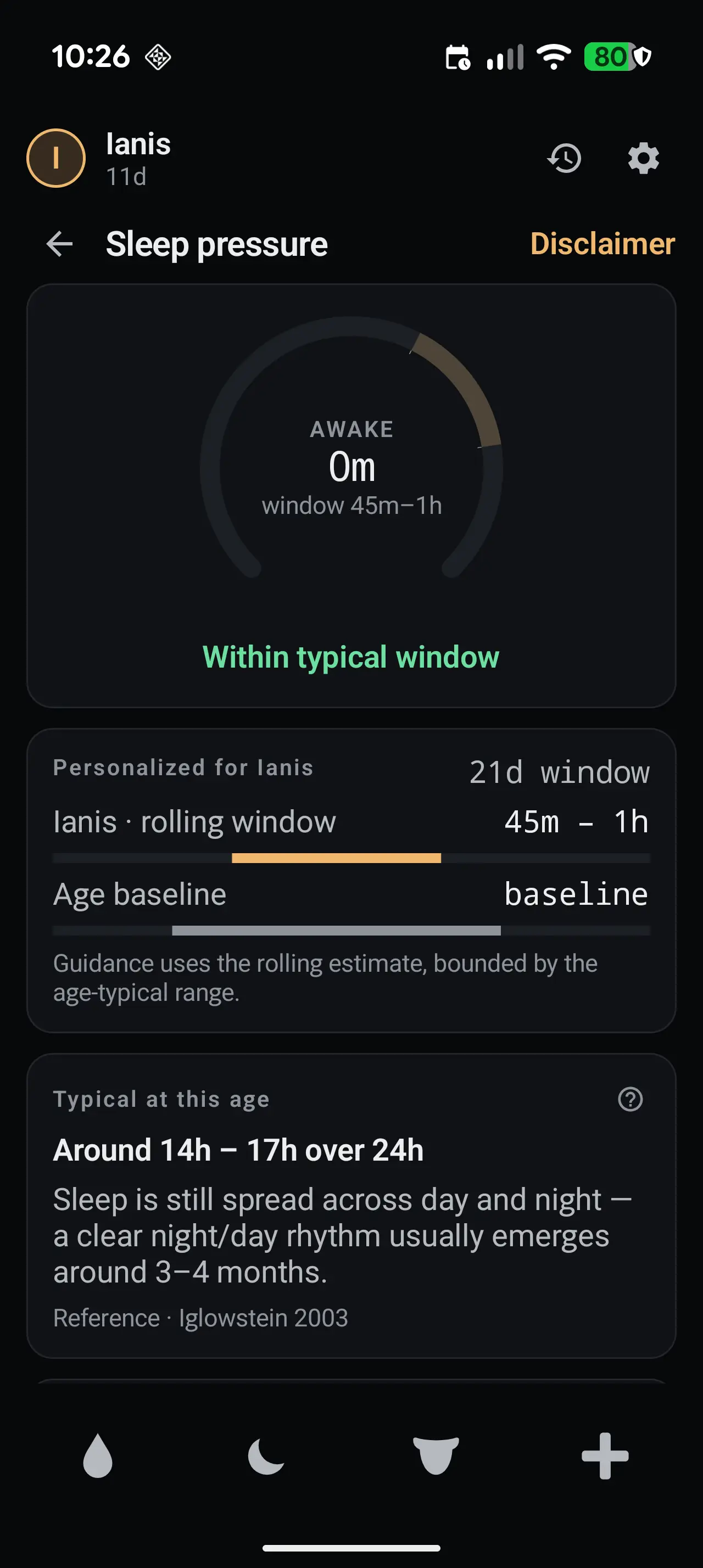 Sleep pressure screen with a gauge reading ‘Awake 0m, window 45m–1h’ and a calm green ‘Within typical window’, plus a personalized rolling window and WHO-referenced age guidance.