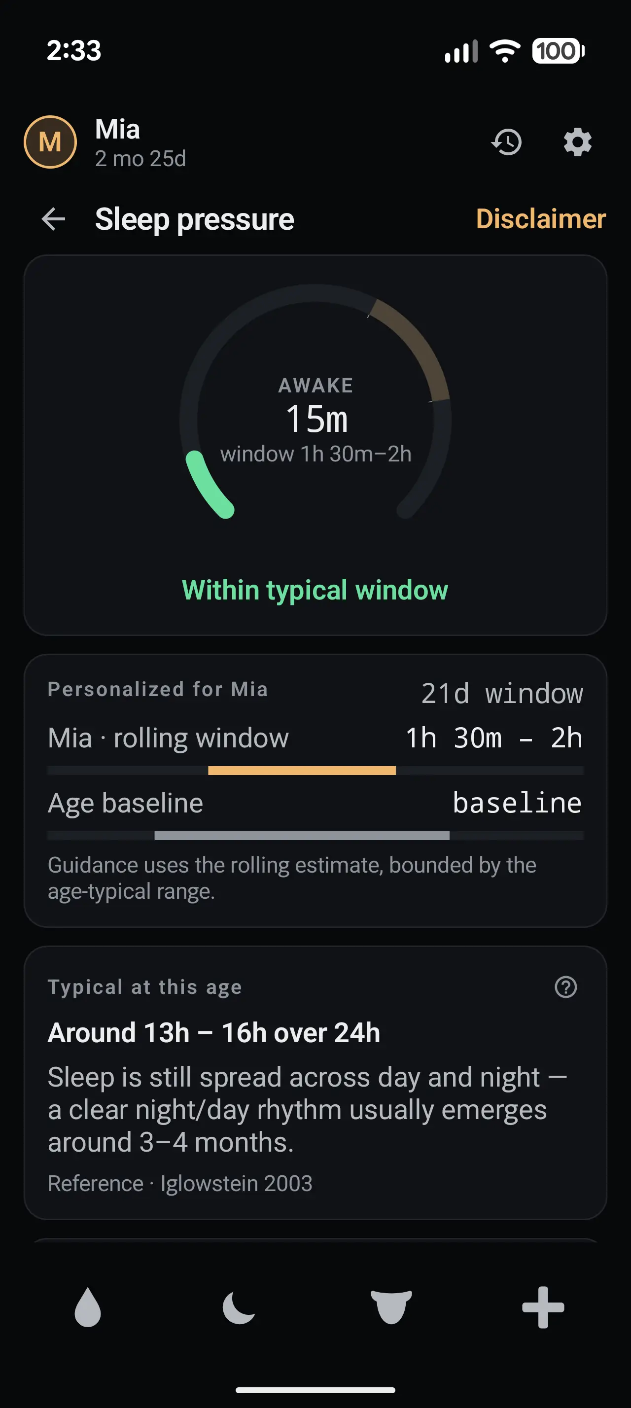 Sleep-pressure screen with a gauge reading ‘Awake 15m, window 1h 30m–2h’ and a calm green ‘Within typical window’, a personalized rolling window compared to the age baseline, and age guidance of around 13–16h of sleep over 24h.